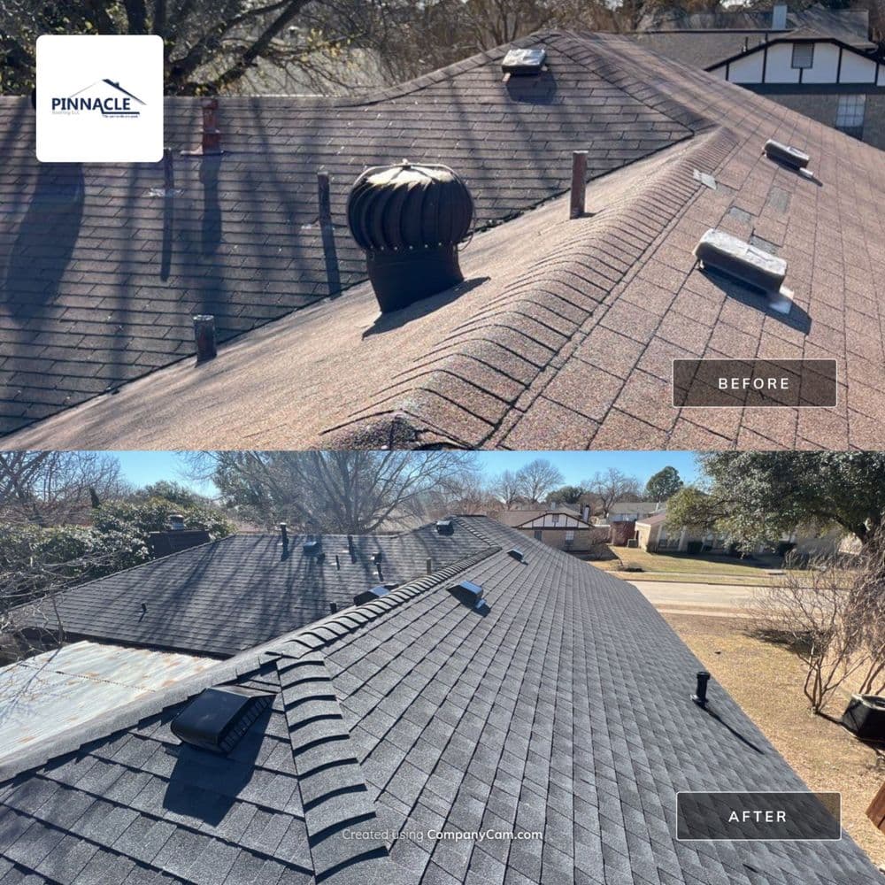 Before and after image of a roof renovation showcasing new shingles and improved ventilation.